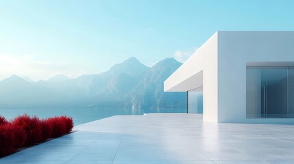 Aufkleber - 白いミニマリストの家の鮮やかな湖の景色と赤い植物は、明るい空と山々に面し、穏やかな現代的な雰囲気の中で静寂と贅沢を表現しています