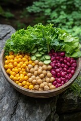 Poster - Colorful Vegan Salad Bowl on Rock Outdoors Close Up Healthy Food Photography Fresh Organic Ingredients Natural Light