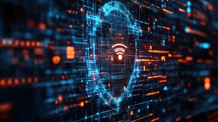 A futuristic antivirus program scanning WiFi connections, digital shield visuals 