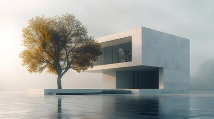 Aufkleber - 霧の日に立つ現代的なコンクリートの家と黄色の葉をつけた木 ミニマリストデザインと幾何学的な要素を取り入れた住宅建築の静かな美しさ