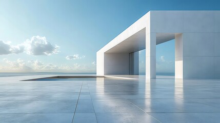 Aufkleber - 現代的なミニマリスト建築の白いコンクリート構造 青空と水面反射のあるテラスのスカイライン