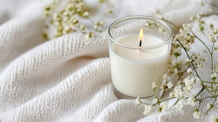 Aufkleber - Cozy Candlelight Still Life Featuring Baby's Breath and Soft Knit Blanket Close Up Warm Light Home Decor Serene Ambiance