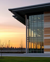 Poster - Modern Building Facade at Sunset with Glass Windows and Wood Paneling Exterior Architecture in Urban Setting