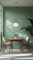 Fototapete - Dining room interior with wooden table chairs and pendant light in minimalist style with natural light and plant decor