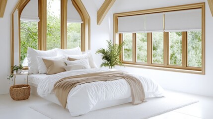 Leinwandbilder - Bright bedroom interior with white bedding and wooden window frames in modern home design