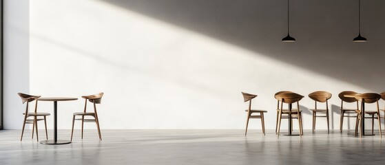 Poster - Minimalist Interior with Wooden Chairs and Round Table in Sunlight, Modern Design, Architectural Photography, Empty Space