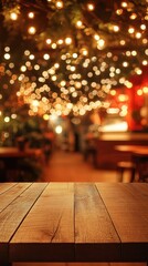 Poster - Wooden Tabletop Perspective in Restaurant with Bokeh Lights Overhead Warm Ambience Food Display