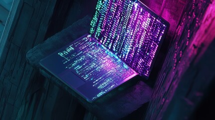 Fototapete - Laptop displaying digital code in neon light on a wooden surface angled view technology cybersecurity software development data processing futuristic aesthetic