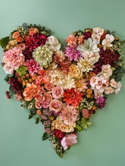 Poster - Heart Shaped Floral Arrangement Overhead Still Life on Green Wall Dahlias Roses Orchids Carnations