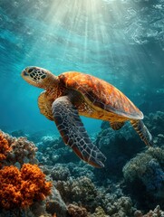Poster - Sea turtle swimming gracefully underwater over coral reef with sun rays shining through the ocean water nature photography