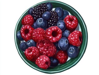 Aufkleber - Bowl of Fresh Berries Still Life Painting Overhead View Raspberries Blueberries Blackberries Healthy Food Diet Vegan