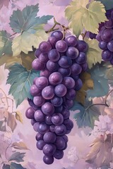 Poster - Artistic Grape Cluster Still Life Oil Painting Style Purple Grapes Hanging from Vine with Green Leaves and White Flowers