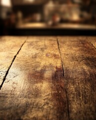 Poster - Rustic wood table surface in kitchen setting, close-up perspective, warm lighting, food photography background, restaurant interior