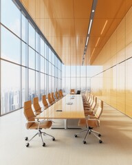 Aufkleber - Modern conference room interior with large windows overlooking city skyline, empty chairs around table, bright light, professional design, high angle view