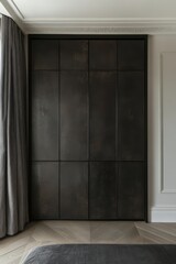 Leinwandbilder - Modern interior design featuring a dark wardrobe in a bedroom with herringbone wood floor and elegant trim
