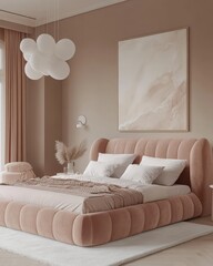 Leinwandbilder - Interior of a modern bedroom with a large bed and cloud lamp in a neutral color scheme, eye-level view, studio
