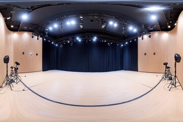 Aufkleber - Empty Studio Space with Black Curtains and Stage Lighting Panoramic View for Performance or Photography Studio
