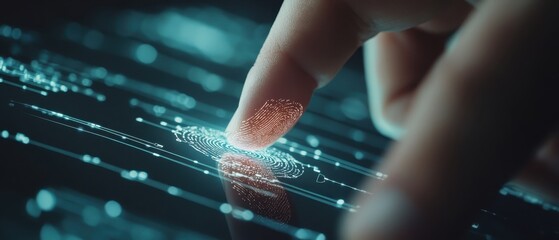 Aufkleber - Fingerprint Scanning on Digital Interface Close Up Macro Security Authentication Verification Biometric Identification Technology Access Control