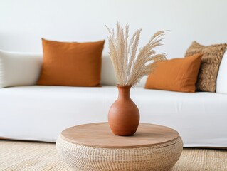 Aufkleber - Interior design featuring pampas grass in terracotta vase on woven table near sofa with pillows in neutral tones