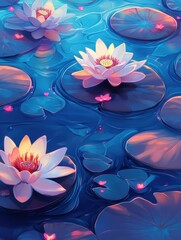 Poster - Serene water lilies float on a blue pond surface with lily pads in a tranquil scene artistic illustration