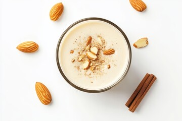 Aufkleber - Overhead shot of almond milk in glass with cinnamon sticks and almonds scattered on white surface showing healthy drink