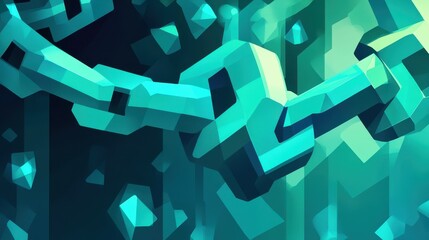 Fototapete - Abstract Low Poly Chain Links in Teal and Blue Tones Digital Art Style Close Up Perspective Blockchain Technology Concept