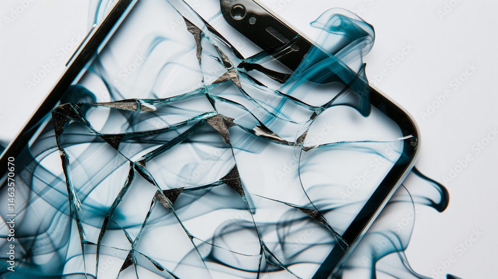 Broken smartphone screen with dark smoke coming out, representing ...
