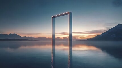 Aufkleber - 湖に映る抽象的な建築物の構造 夕焼けの空と山々が背景の瞑想的な風景