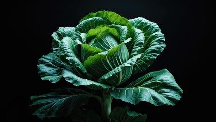 Wall Mural - Isolated green cabbage with large, full leaves amidst darkness, emphasizing botanical beauty and vibrant growth