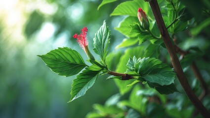 Wall Mural - Close-up of young hibiscus leaves sprouting on a woody stem, indicating vibrant bloom development.