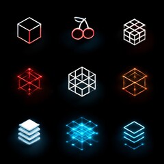 Leinwandbilder - Neon Geometric Abstraction: Glowing Cubes, Cherry, and Stacked Shapes on a Black Background