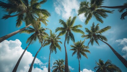 Aufkleber - Upward shot of palm trees under a clear sky with fluffy clouds
