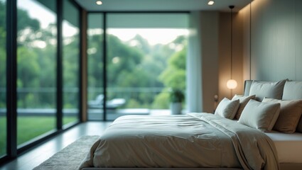 Poster - Modern Bedroom Design Featuring Spacious Windows and a Blurry Background