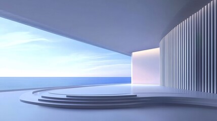Aufkleber - 抽象的な建築デザインと青い空と海の背景のミニマルな海岸線 未来的な白い曲線構造と階段がある屋外パノラマの静かな風景
