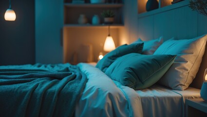 Leinwandbilder - Interior scene of a bedroom with snug blankets and a luminous lamp