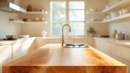 Aufkleber - Modern kitchen interior, vacant countertop, softened background, product showcase, tidy design, cooking area, neutral tones, natural illumination, contemporary home presentation