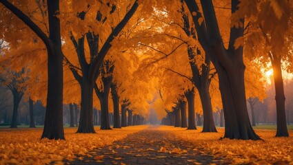Poster - Vibrant Autumn Landscape Featuring Falling Leaves and Warm Sunset Light