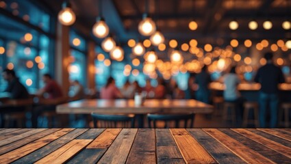 Poster - Night scene of an empty cafe and restaurant with bright lights, wood accents, and modern decor for product display