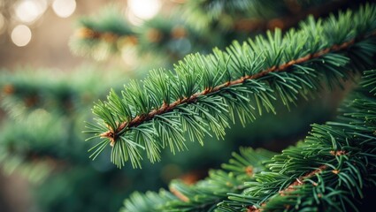 Poster - Detailed view of evergreen tree branch featuring nature-inspired design for holiday background