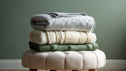 Poster - Cozy blankets neatly folded on pouf beside wall in minimalist home