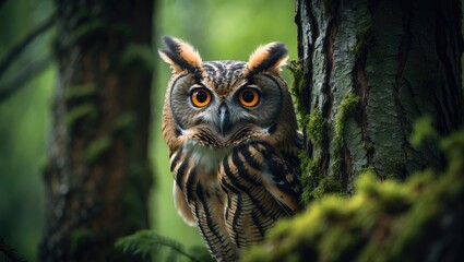 wild long-eared owl with vivid orange eyes concealed behind a larch tree trunk in nature