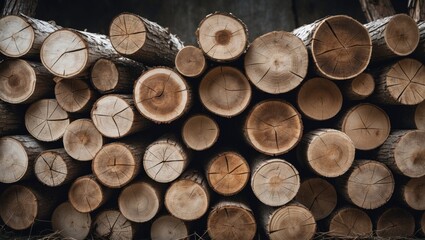 Poster - Stacks of birch timber highlighting organic patterns and textures in a rural setting
