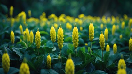 Poster - Flowering Arachis pintoi with yellow blossoms in a garden scene featuring green leaves