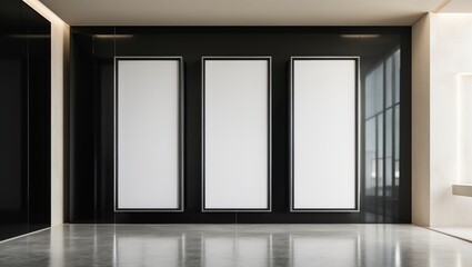 Poster - Empty Digital Poster Mockup in a Sleek Modern Room Featuring a White Showcase Screen and Media Panels