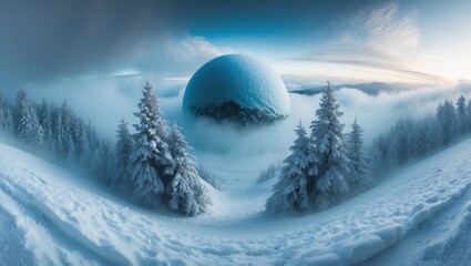 Wall Mural - miniature earth panorama with forest and snow-covered hills in a winter landscape