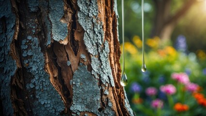 Wall Mural - organic tree landscape showing a trunk injury with visible sap and textured bark in a forest scene