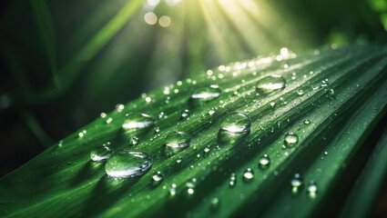 Wall Mural - macro shot of water droplets on lush green foliage under sunlight