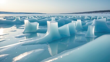 Poster - Seasonal design showcasing abstract ice formations on a frozen lake with sunlight glow
