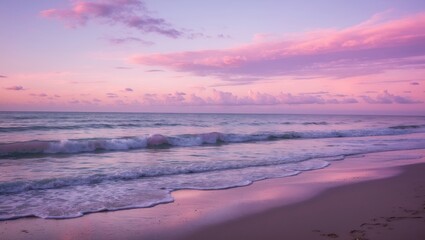 Wall Mural - pastel sky casts soft pink and purple hues over the ocean waves.