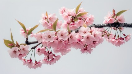 Poster - Wild cherry blossom bunch featuring pink flowers and new leaves, isolated on a white background with a clipping path.